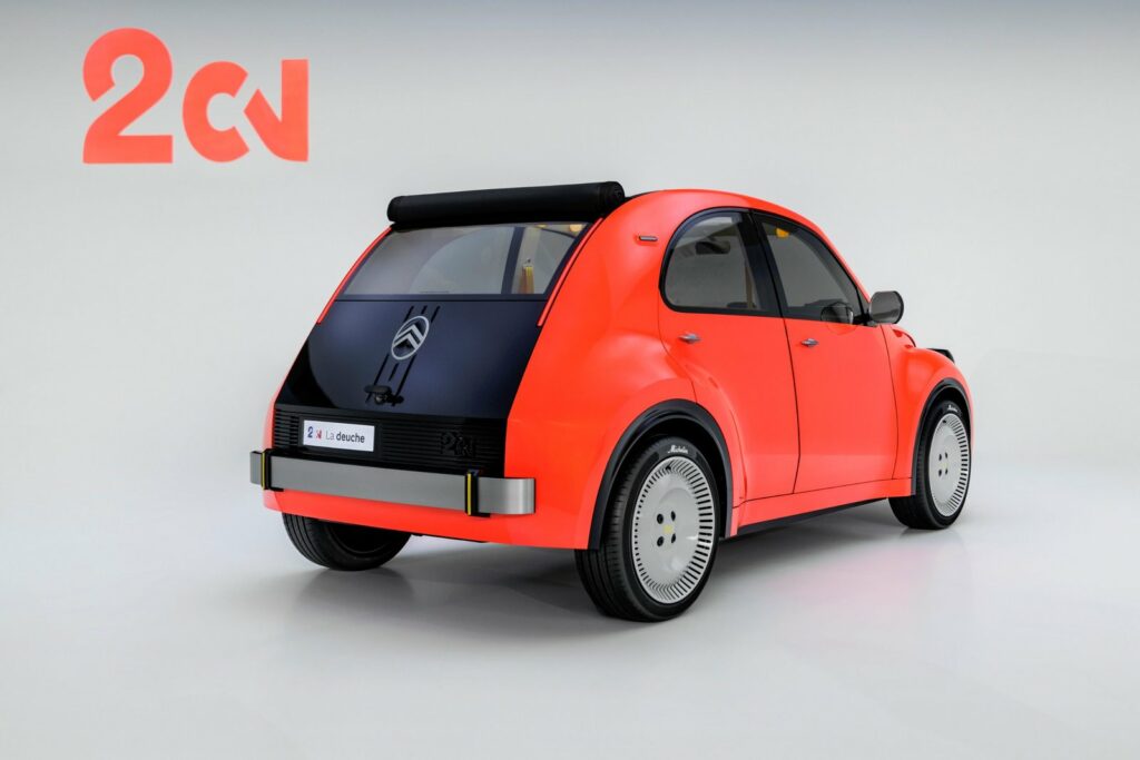 Citroën 2 CV Concept vue arrière trois quarts avec toit en toile enroulé