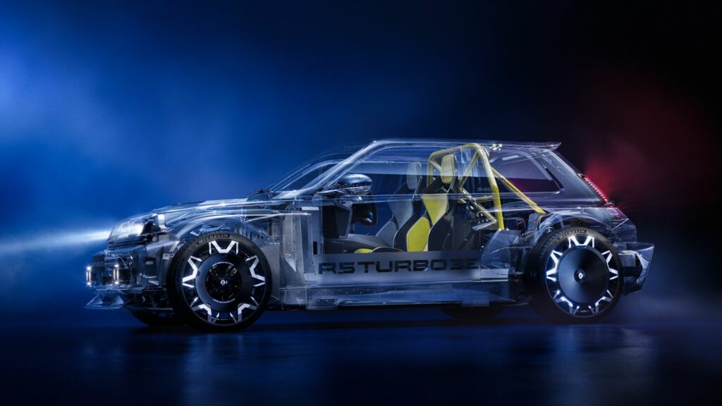 Écorché de la Renault 5 Turbo 3E : moteurs électriques dans les roues arrière et batterie sous le plancher